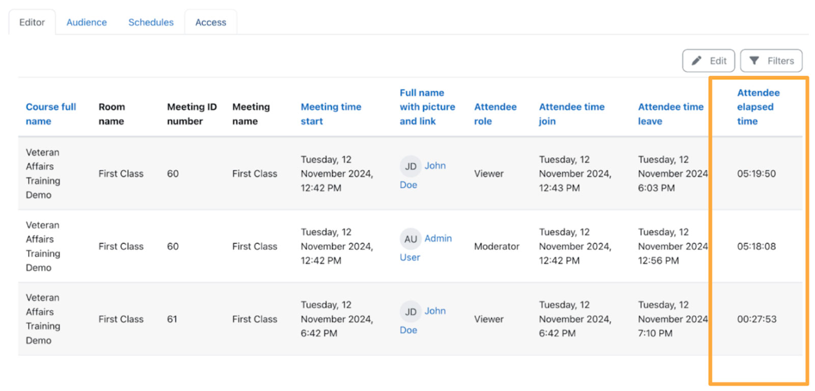 A unified report in Moodle showing student’s time in each BigBlueButton session